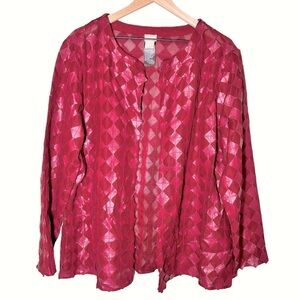 Chicos Travelers Jacket Cardigan Red Diamond Pattern Sheer Open Front XL